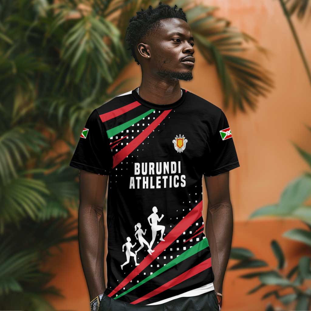 Burundi T shirt with Athletics Runners Black Red Green Flag Spirit
