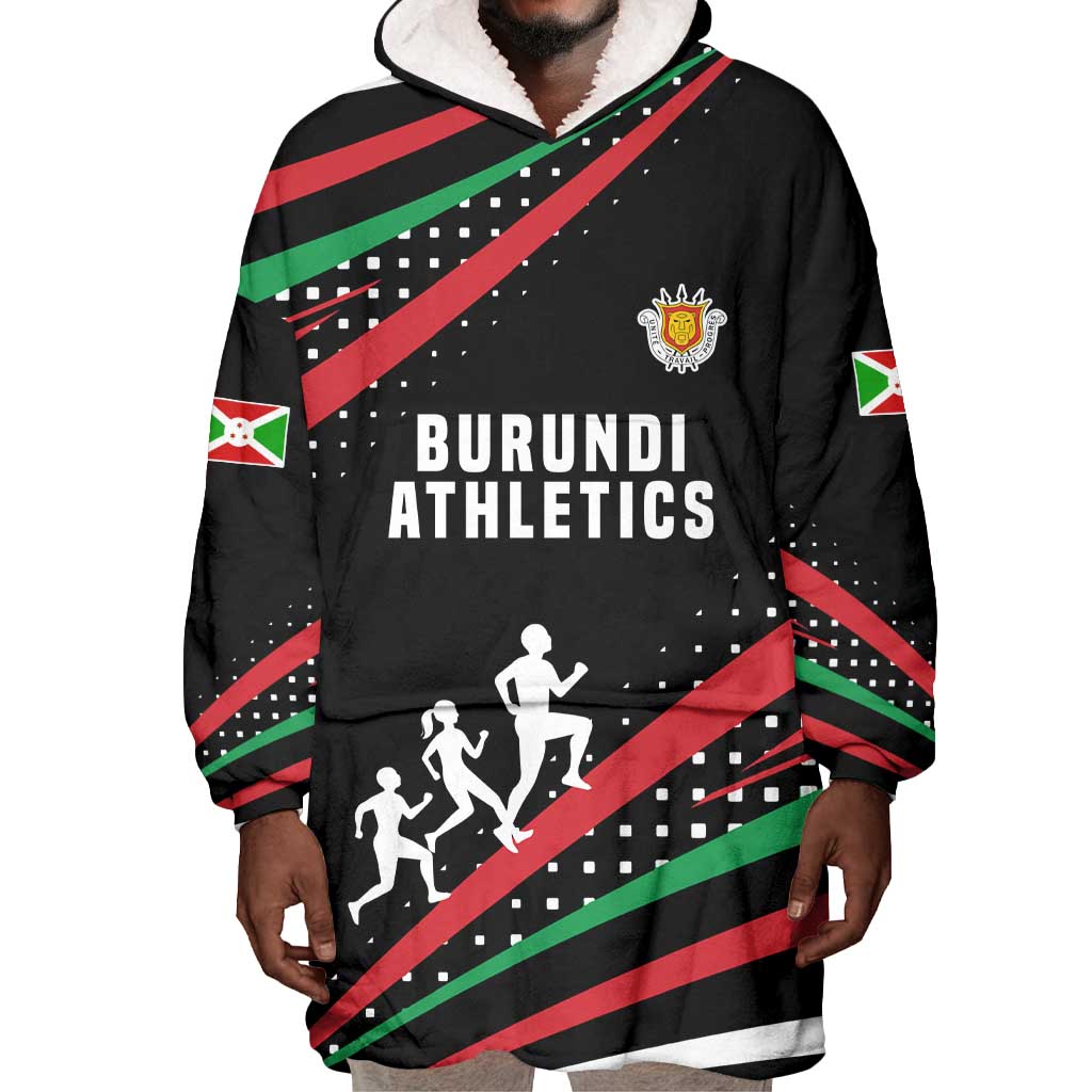 Burundi Wearable Blanket Hoodie with Athletics Runners Black Red Green Flag Spirit