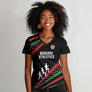 Burundi Women V-Neck T-Shirt with Athletics Runners Black Red Green Flag Spirit