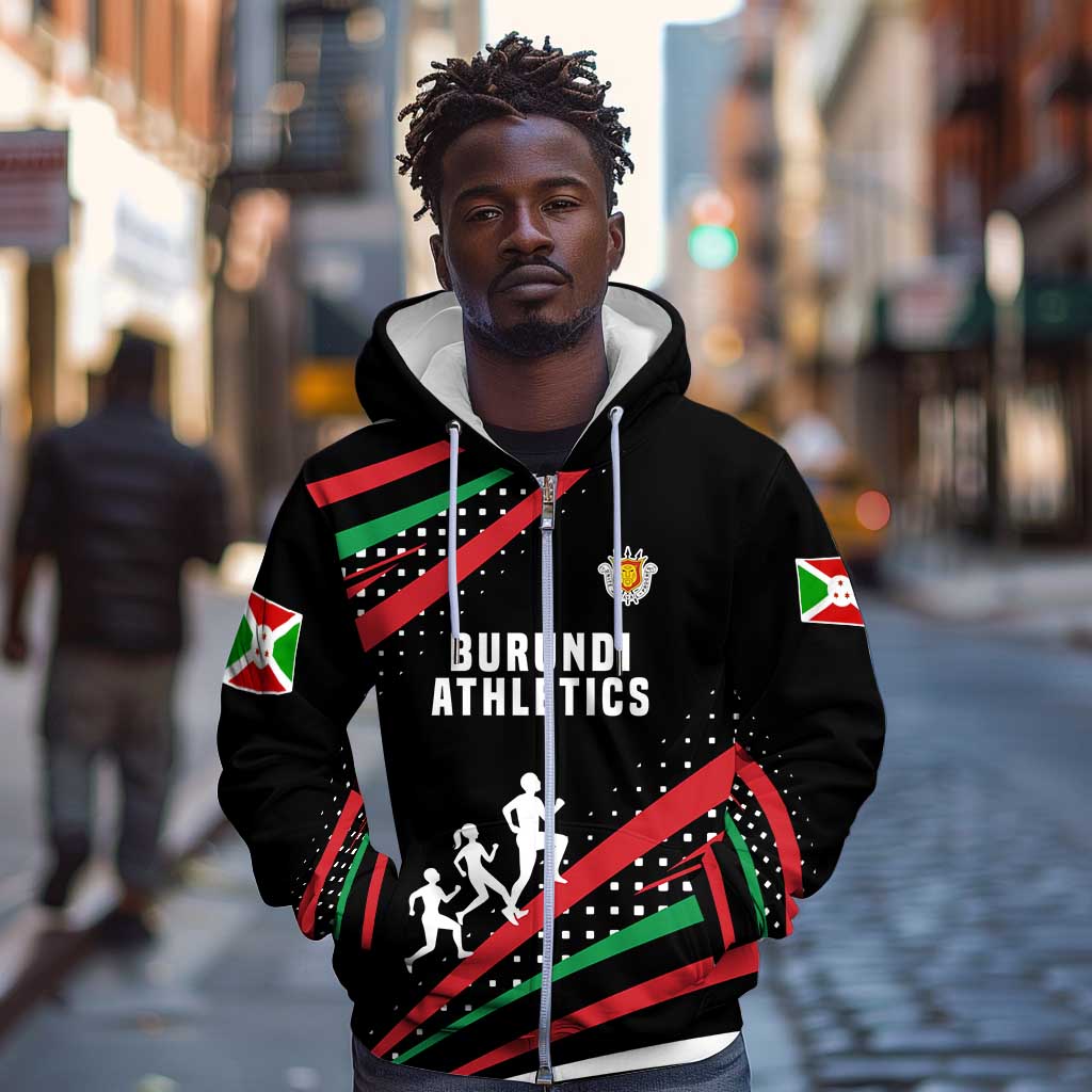 Burundi Zip Hoodie with Athletics Runners Black Red Green Flag Spirit