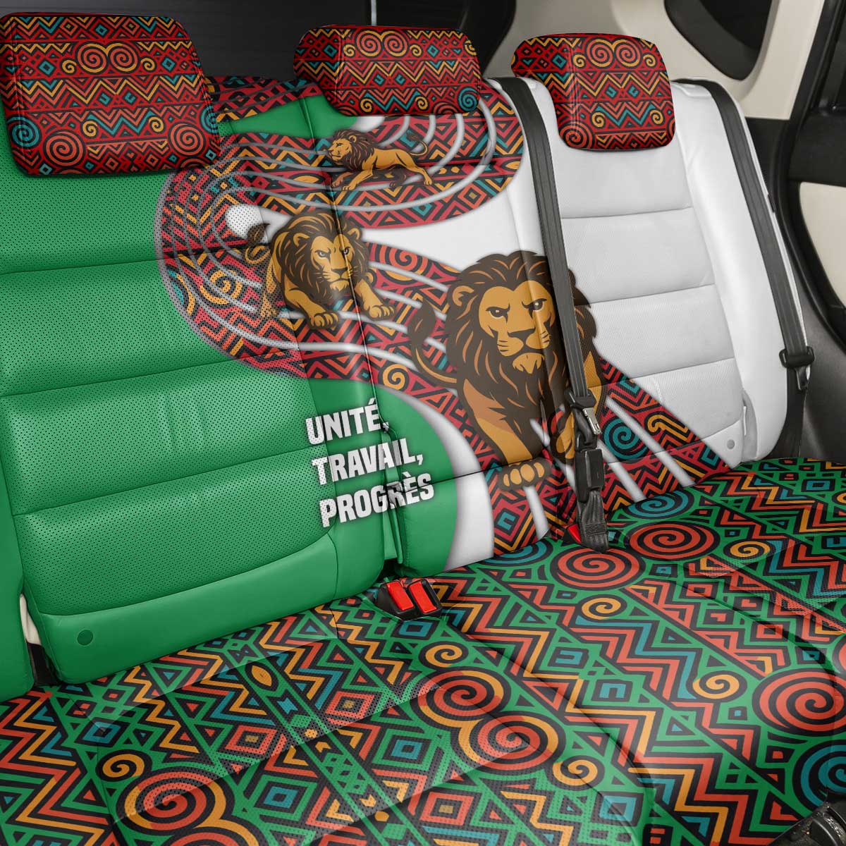 Burundi Lion Tribal Pattern Back Car Seat Cover - National Motto Unité Travail Progrès