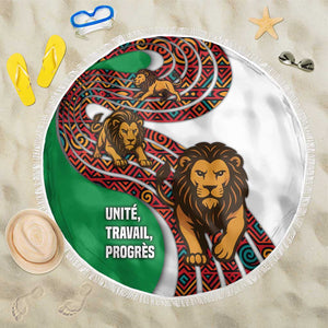 Burundi Lion Tribal Pattern Beach Blanket - National Motto Unité Travail Progrès
