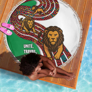 Burundi Lion Tribal Pattern Beach Blanket - National Motto Unité Travail Progrès