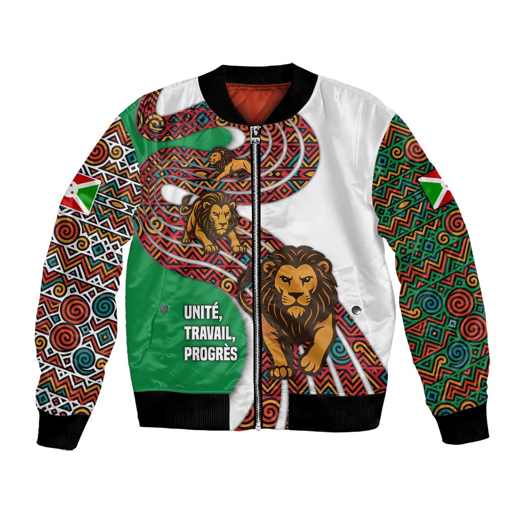 Burundi Lion Tribal Pattern Bomber Jacket - National Motto Unité Travail Progrès