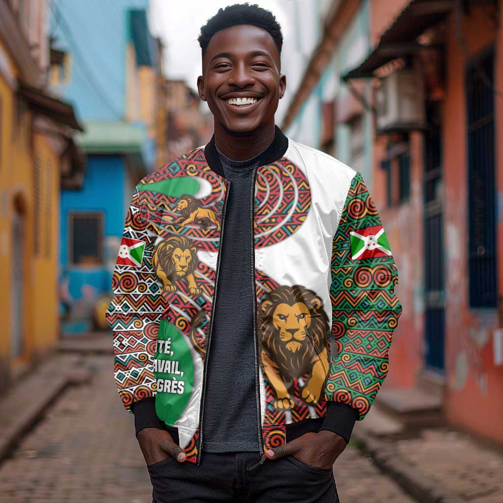 Burundi Lion Tribal Pattern Bomber Jacket - National Motto Unité Travail Progrès