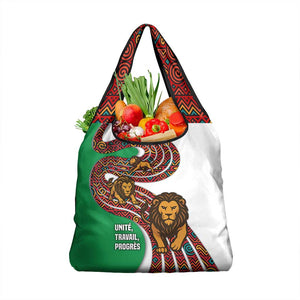Burundi Lion Tribal Pattern Grocery Bag - National Motto Unité Travail Progrès