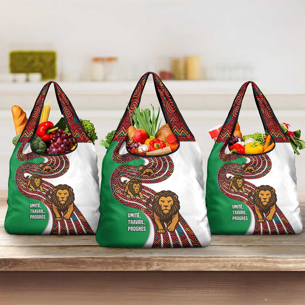 Burundi Lion Tribal Pattern Grocery Bag - National Motto Unité Travail Progrès