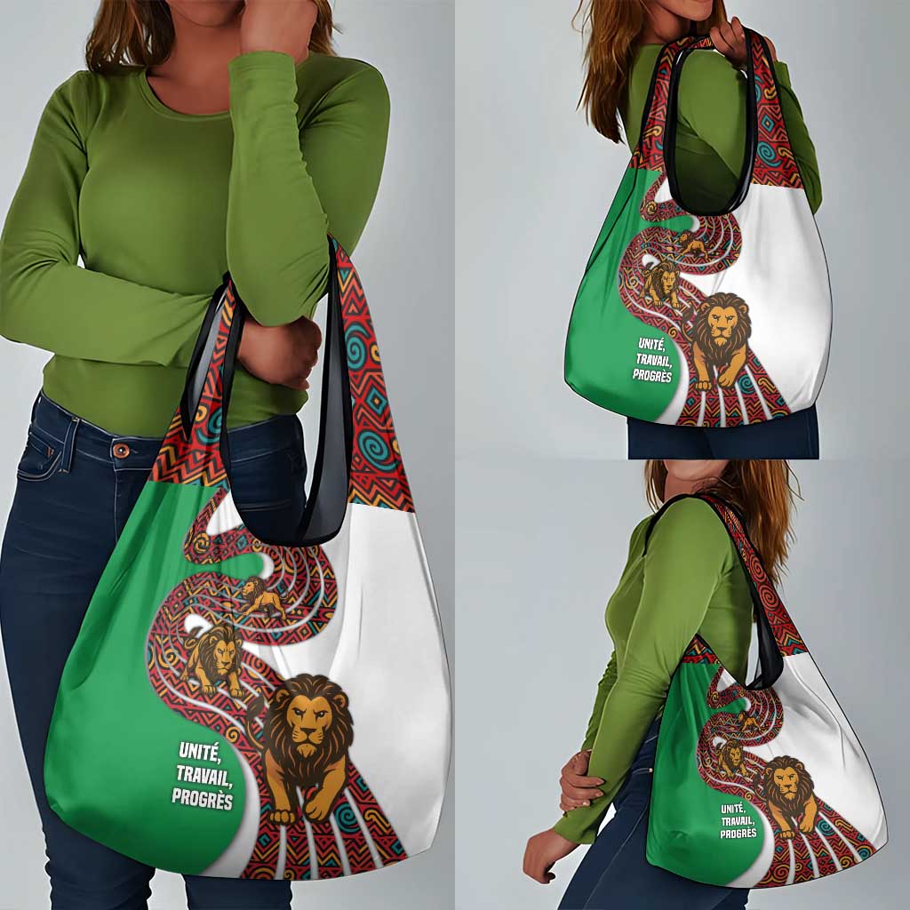 Burundi Lion Tribal Pattern Grocery Bag - National Motto Unité Travail Progrès