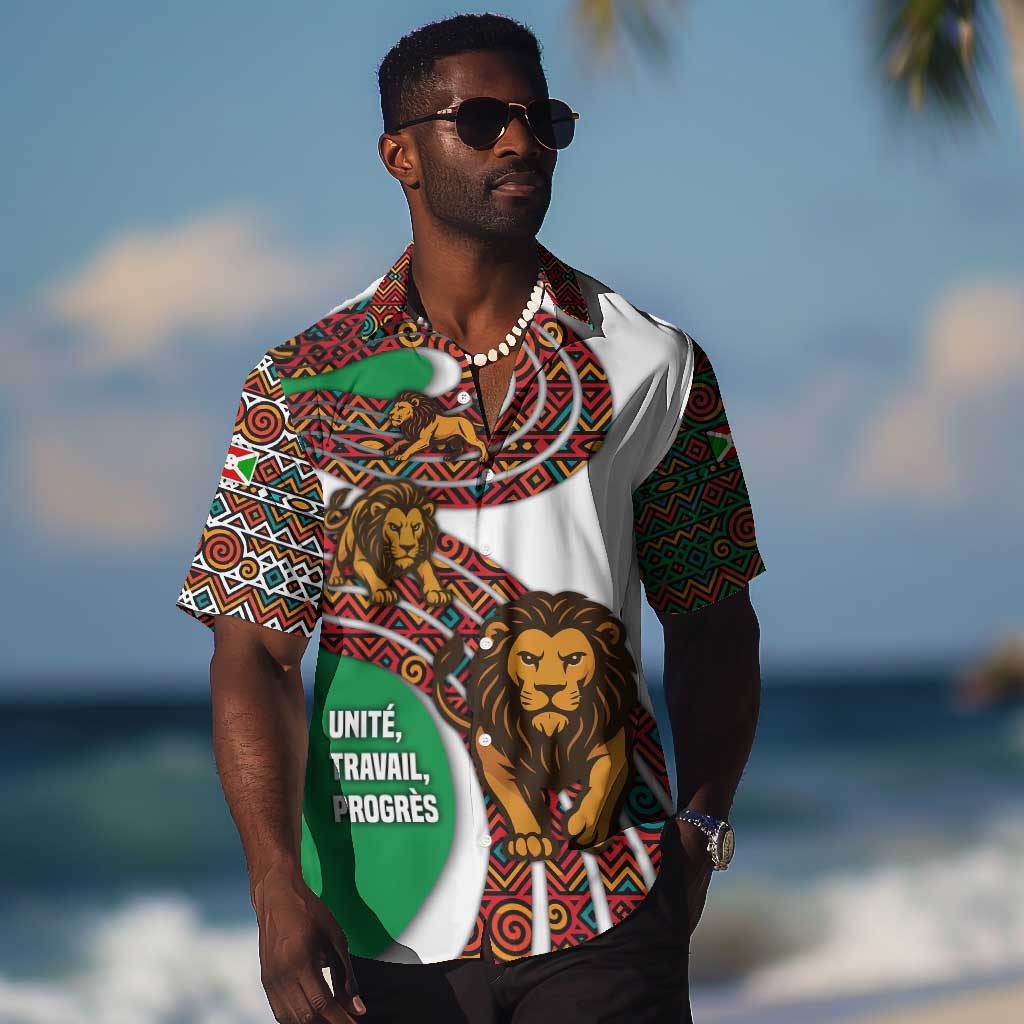 Burundi Lion Tribal Pattern Hawaiian Shirt - National Motto Unité Travail Progrès