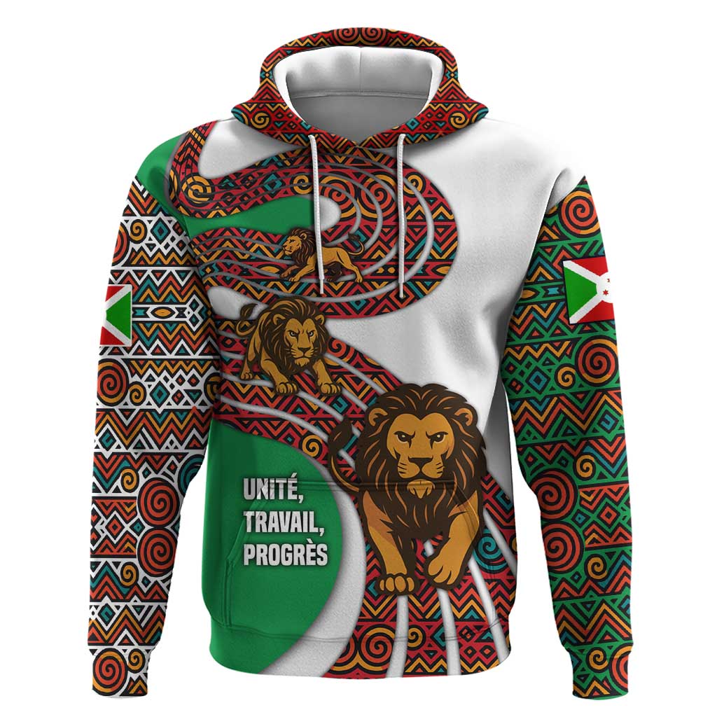 Burundi Lion Tribal Pattern Hoodie - National Motto Unité Travail Progrès