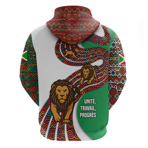 Burundi Lion Tribal Pattern Hoodie - National Motto Unité Travail Progrès