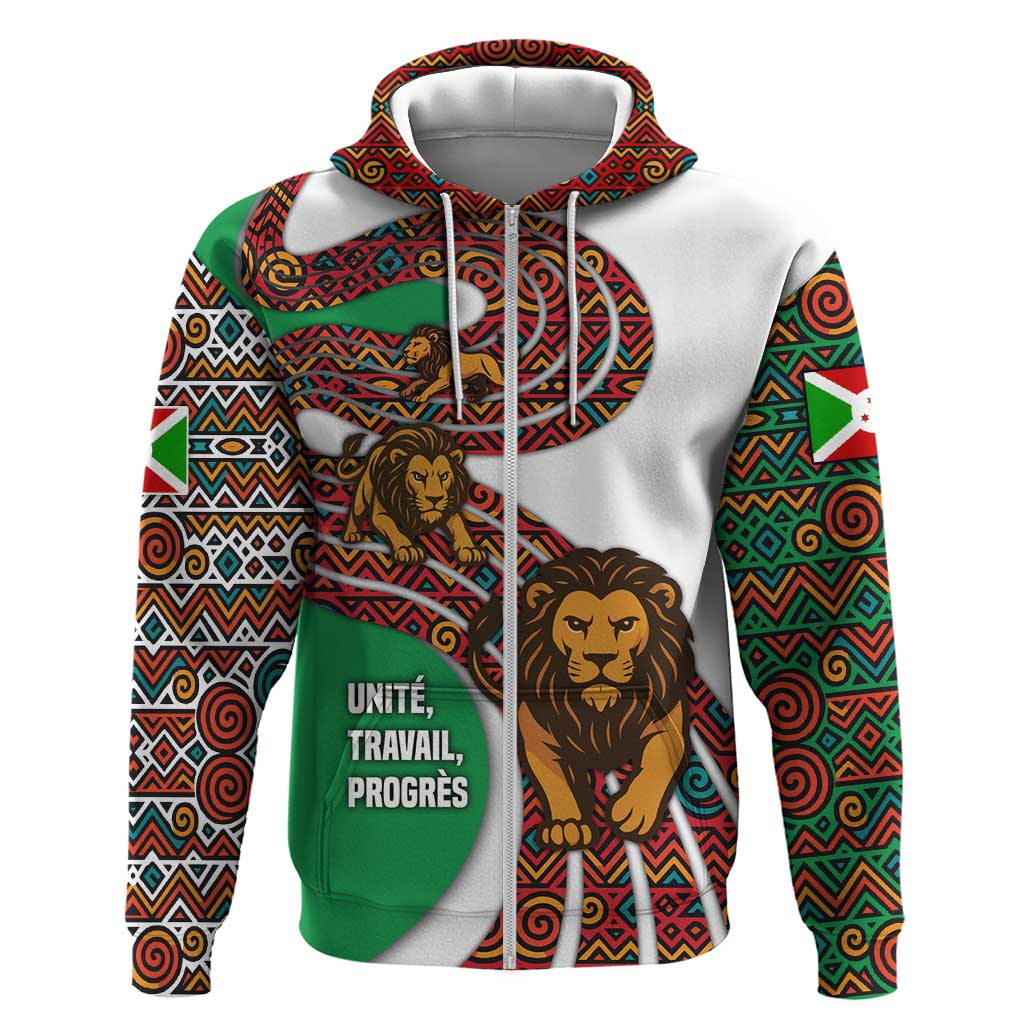 Burundi Lion Tribal Pattern Hoodie - National Motto Unité Travail Progrès