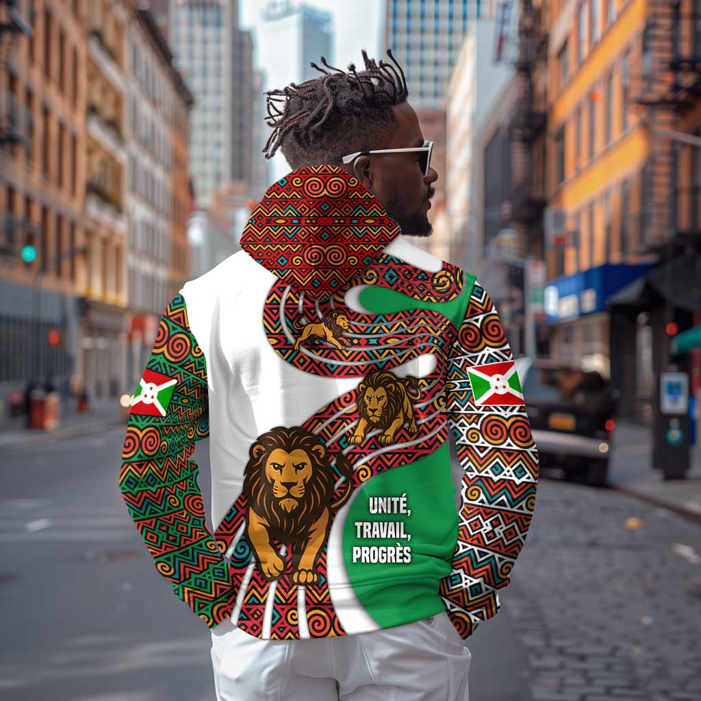 Burundi Lion Tribal Pattern Hoodie - National Motto Unité Travail Progrès