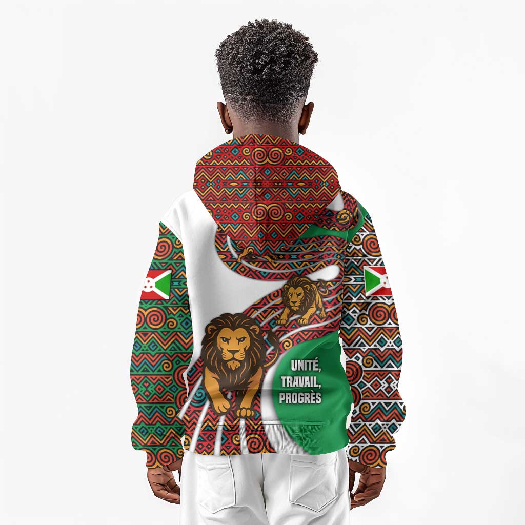 Burundi Lion Tribal Pattern Kid Hoodie - National Motto Unité Travail Progrès