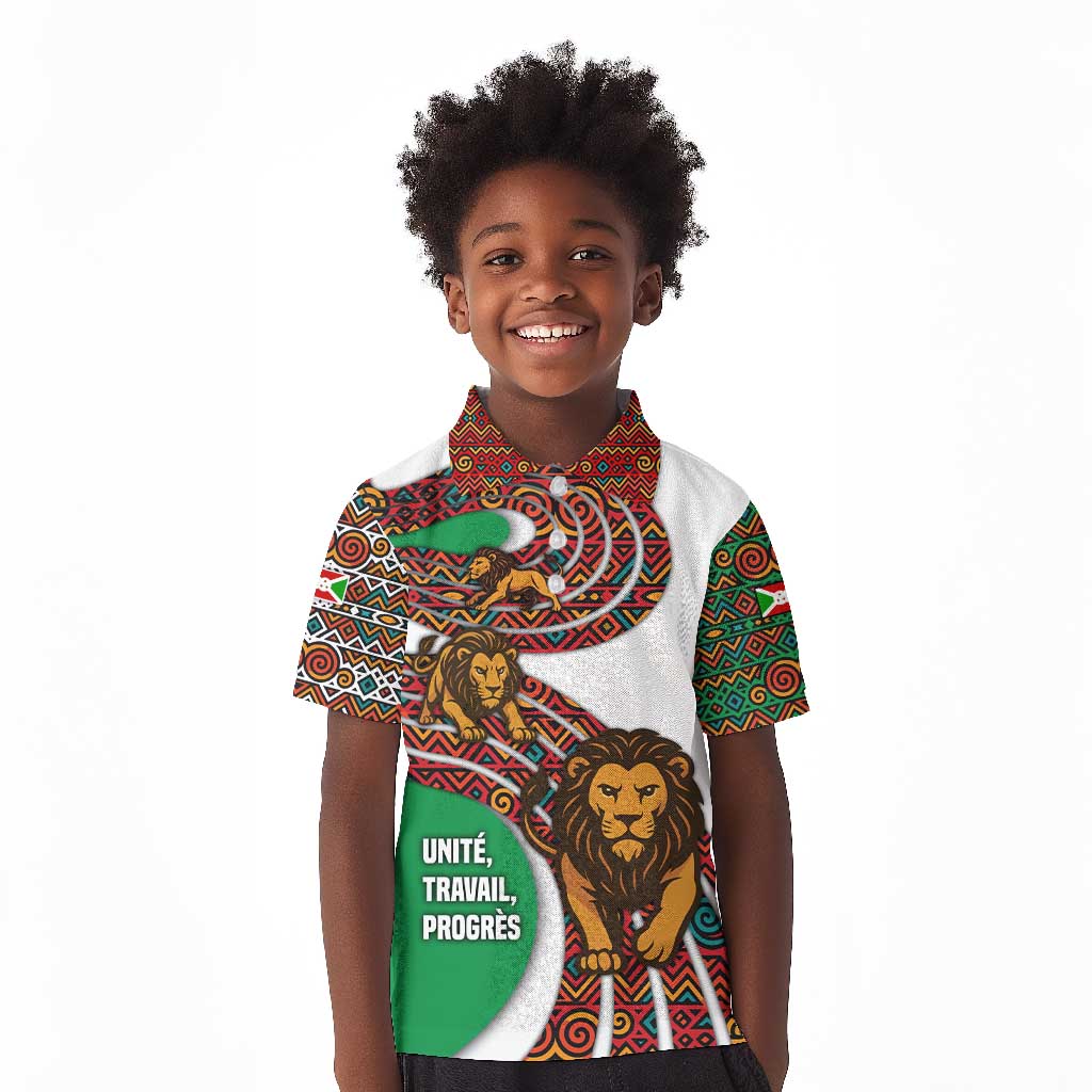 Burundi Lion Tribal Pattern Kid Polo Shirt - National Motto Unité Travail Progrès