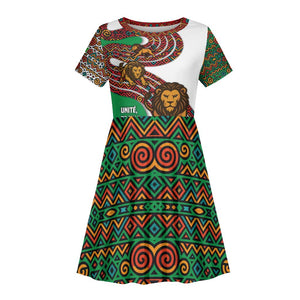 Burundi Lion Tribal Pattern Kid Short Sleeve Dress - National Motto Unité Travail Progrès