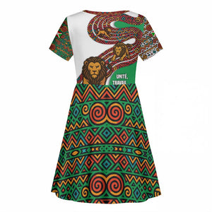 Burundi Lion Tribal Pattern Kid Short Sleeve Dress - National Motto Unité Travail Progrès