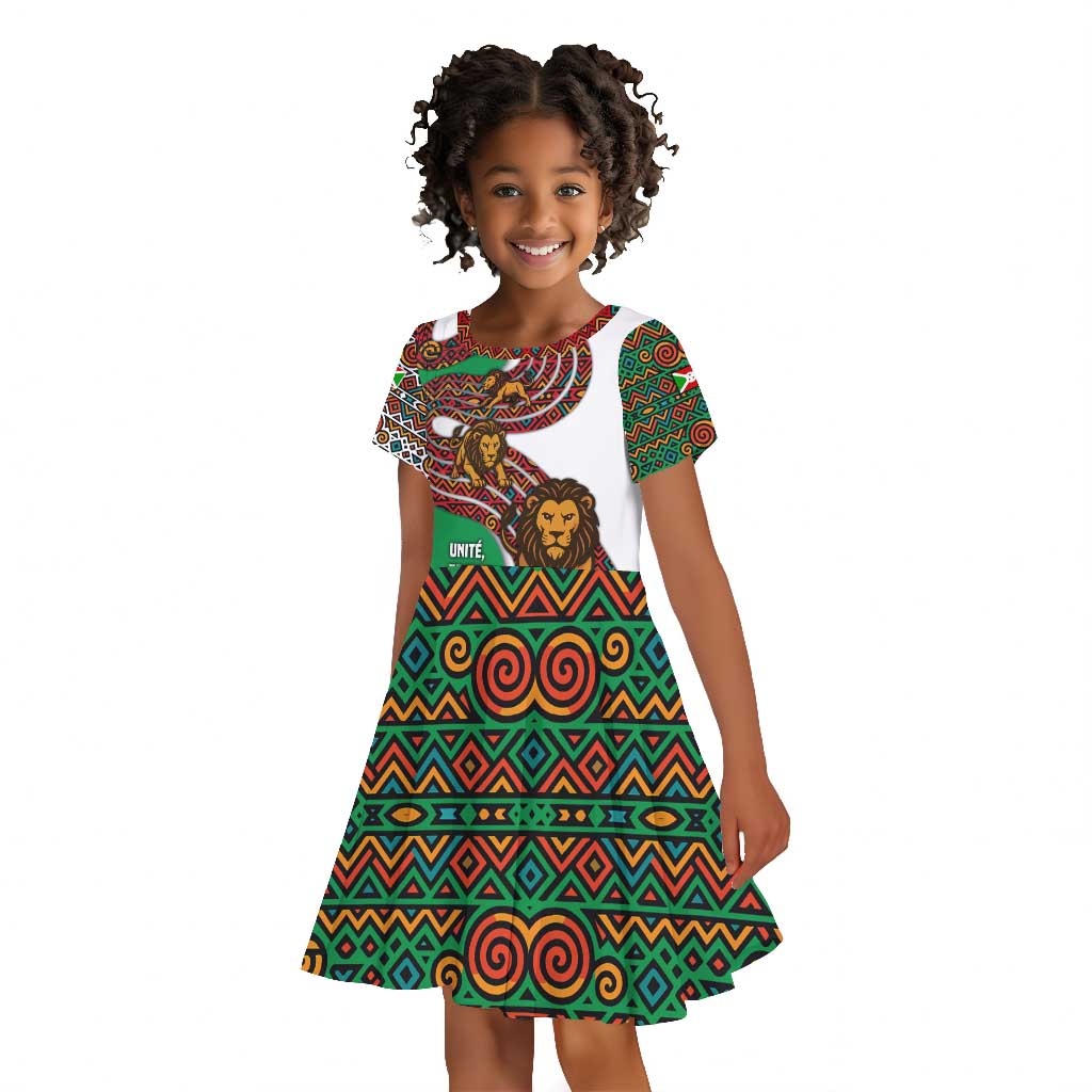 Burundi Lion Tribal Pattern Kid Short Sleeve Dress - National Motto Unité Travail Progrès