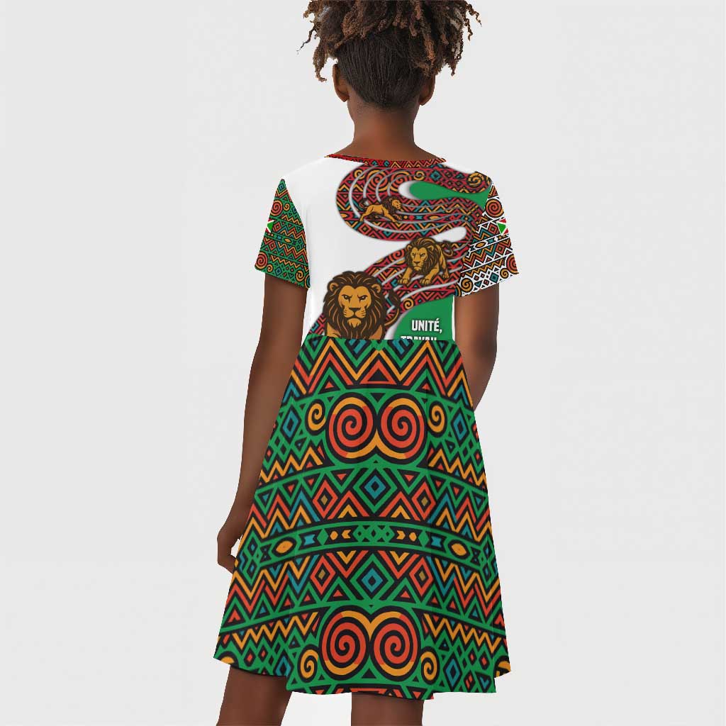 Burundi Lion Tribal Pattern Kid Short Sleeve Dress - National Motto Unité Travail Progrès