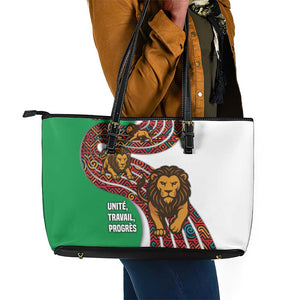 Burundi Lion Tribal Pattern Leather Tote Bag - National Motto Unité Travail Progrès