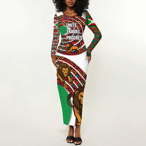 Burundi Lion Tribal Pattern Long Sleeve Bodycon Dress - National Motto Unité Travail Progrès