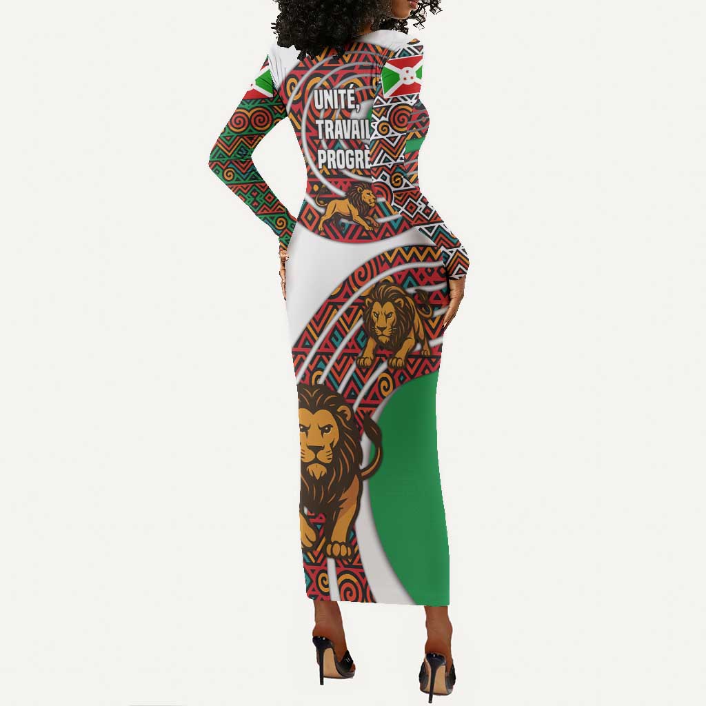 Burundi Lion Tribal Pattern Long Sleeve Bodycon Dress - National Motto Unité Travail Progrès