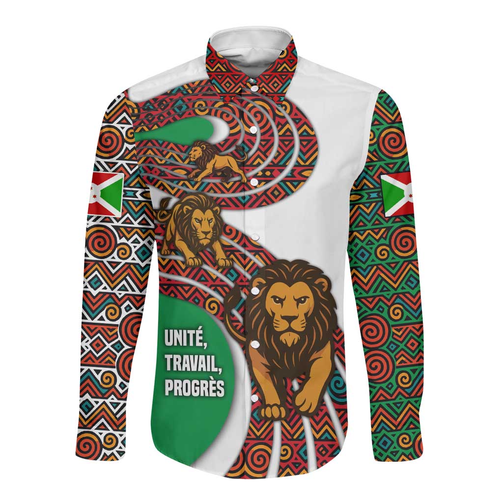 Burundi Lion Tribal Pattern Long Sleeve Button Shirt - National Motto Unité Travail Progrès