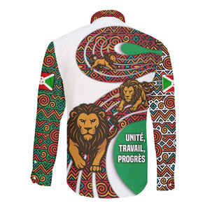 Burundi Lion Tribal Pattern Long Sleeve Button Shirt - National Motto Unité Travail Progrès