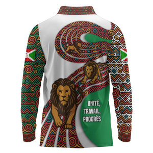 Burundi Lion Tribal Pattern Long Sleeve Polo Shirt - National Motto Unité Travail Progrès