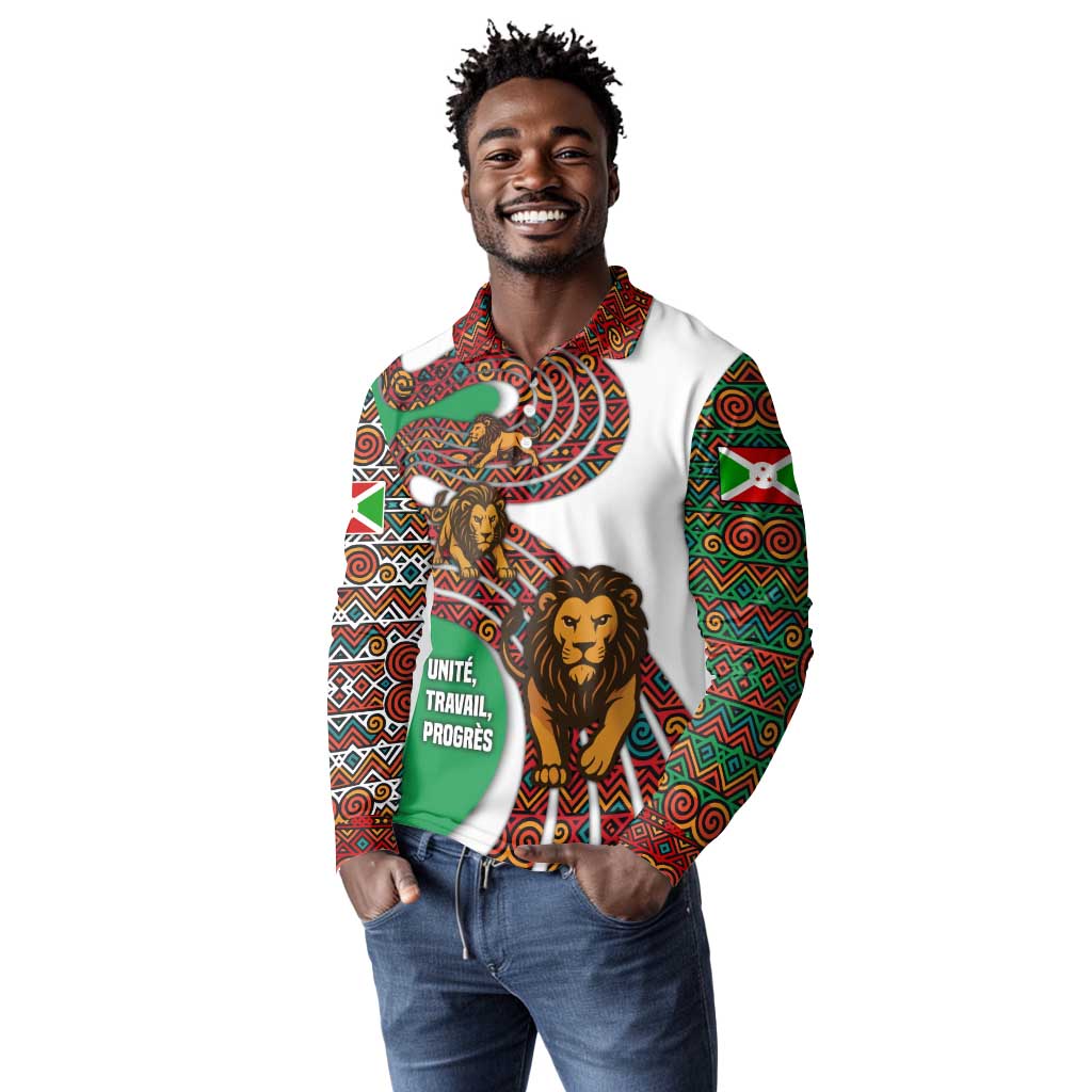 Burundi Lion Tribal Pattern Long Sleeve Polo Shirt - National Motto Unité Travail Progrès