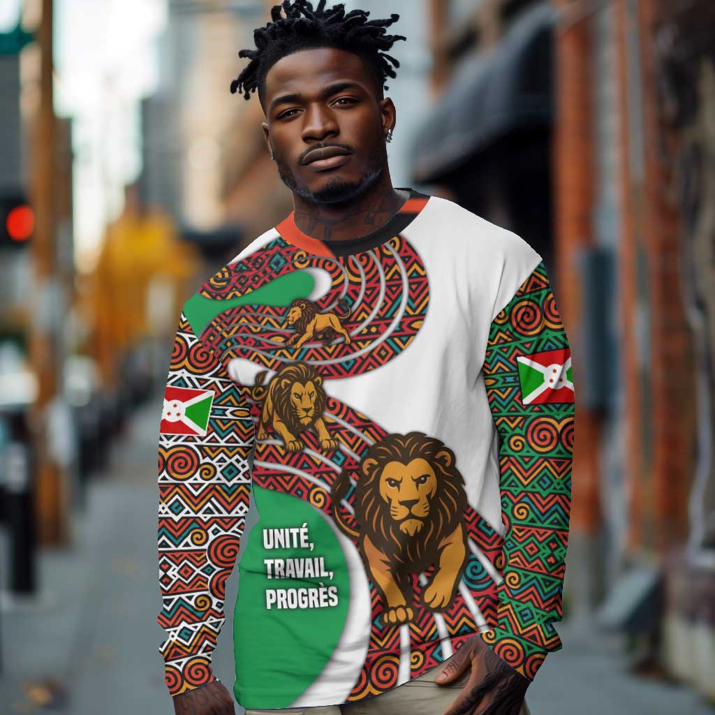 Burundi Lion Tribal Pattern Long Sleeve Shirt - National Motto Unité Travail Progrès