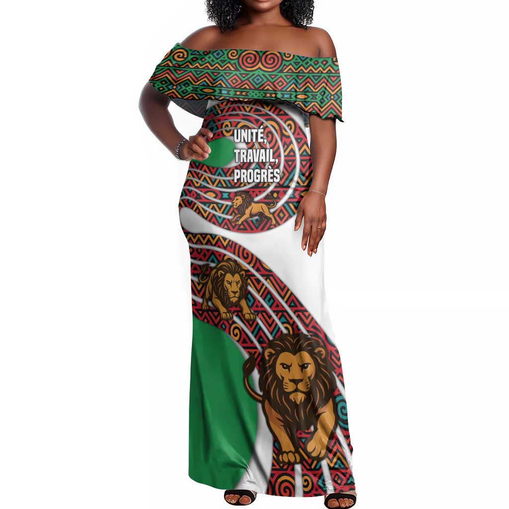 Burundi Lion Tribal Pattern Off Shoulder Maxi Dress - National Motto Unité Travail Progrès