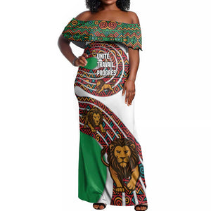 Burundi Lion Tribal Pattern Off Shoulder Maxi Dress - National Motto Unité Travail Progrès