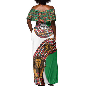 Burundi Lion Tribal Pattern Off Shoulder Maxi Dress - National Motto Unité Travail Progrès