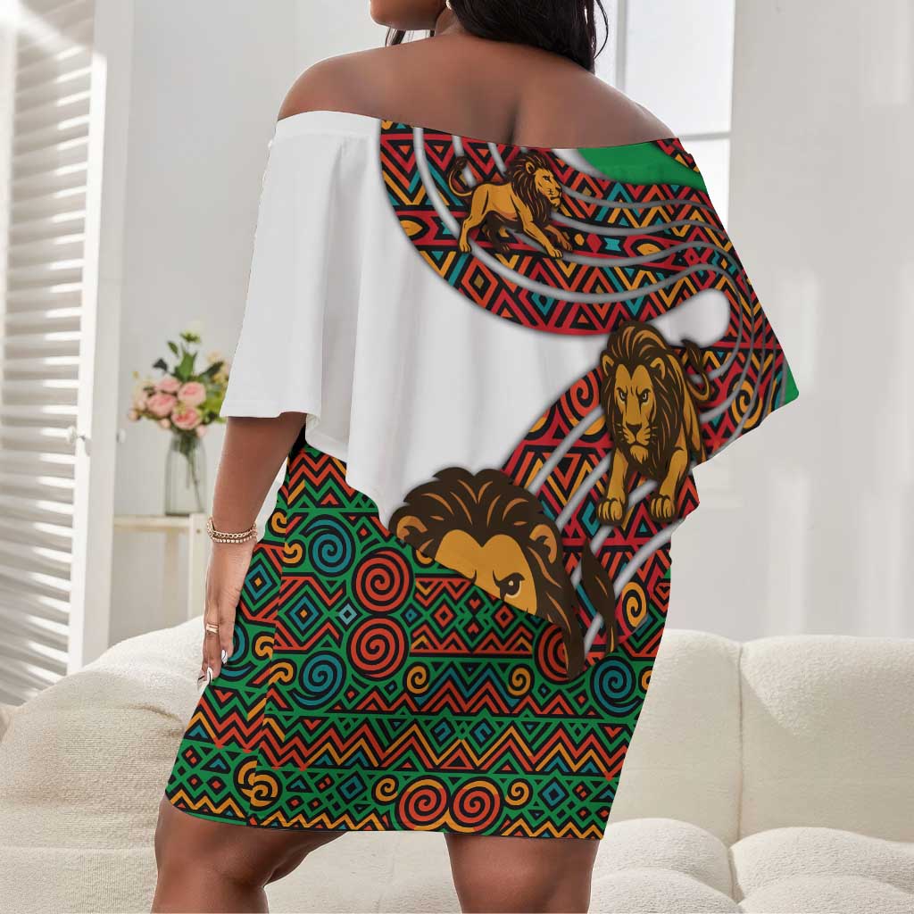 Burundi Lion Tribal Pattern Off Shoulder Short Dress - National Motto Unité Travail Progrès