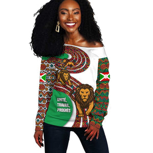 Burundi Lion Tribal Pattern Off Shoulder Sweater - National Motto Unité Travail Progrès