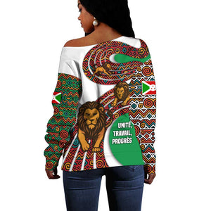 Burundi Lion Tribal Pattern Off Shoulder Sweater - National Motto Unité Travail Progrès