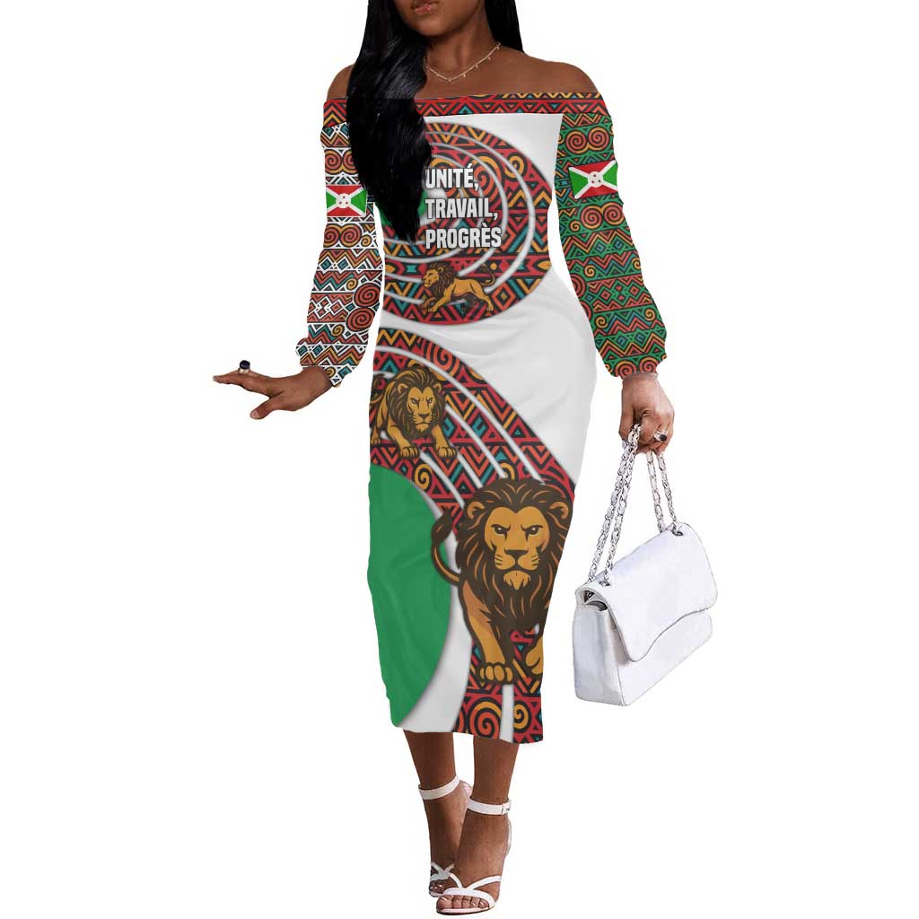 Burundi Lion Tribal Pattern Off The Shoulder Long Sleeve Dress - National Motto Unité Travail Progrès