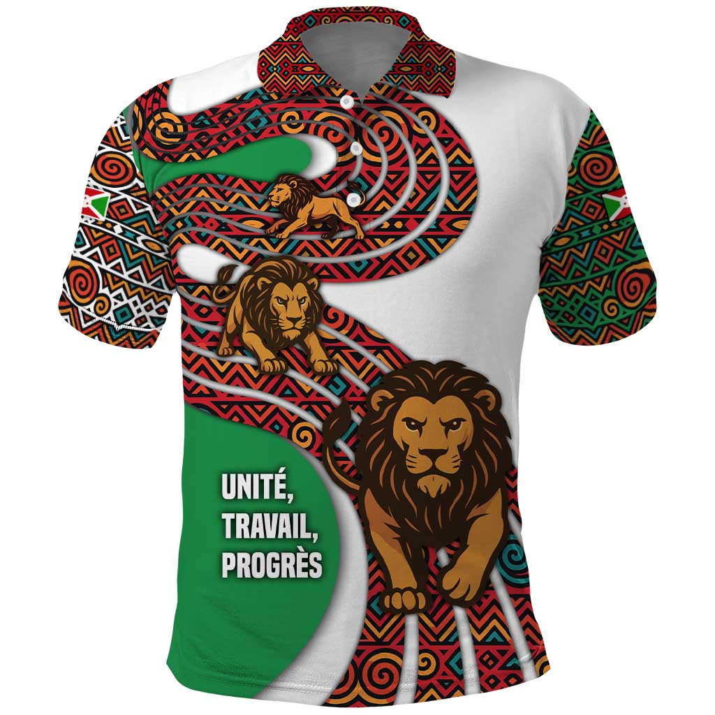 Burundi Lion Tribal Pattern Polo Shirt - National Motto Unité Travail Progrès