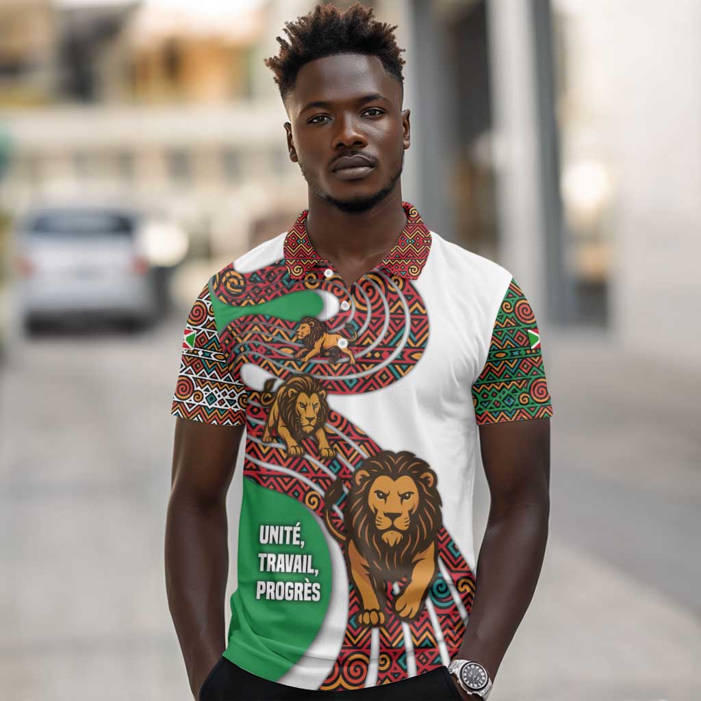Burundi Lion Tribal Pattern Polo Shirt - National Motto Unité Travail Progrès