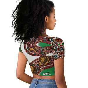 Burundi Lion Tribal Pattern Raglan Cropped T shirt - National Motto Unité Travail Progrès