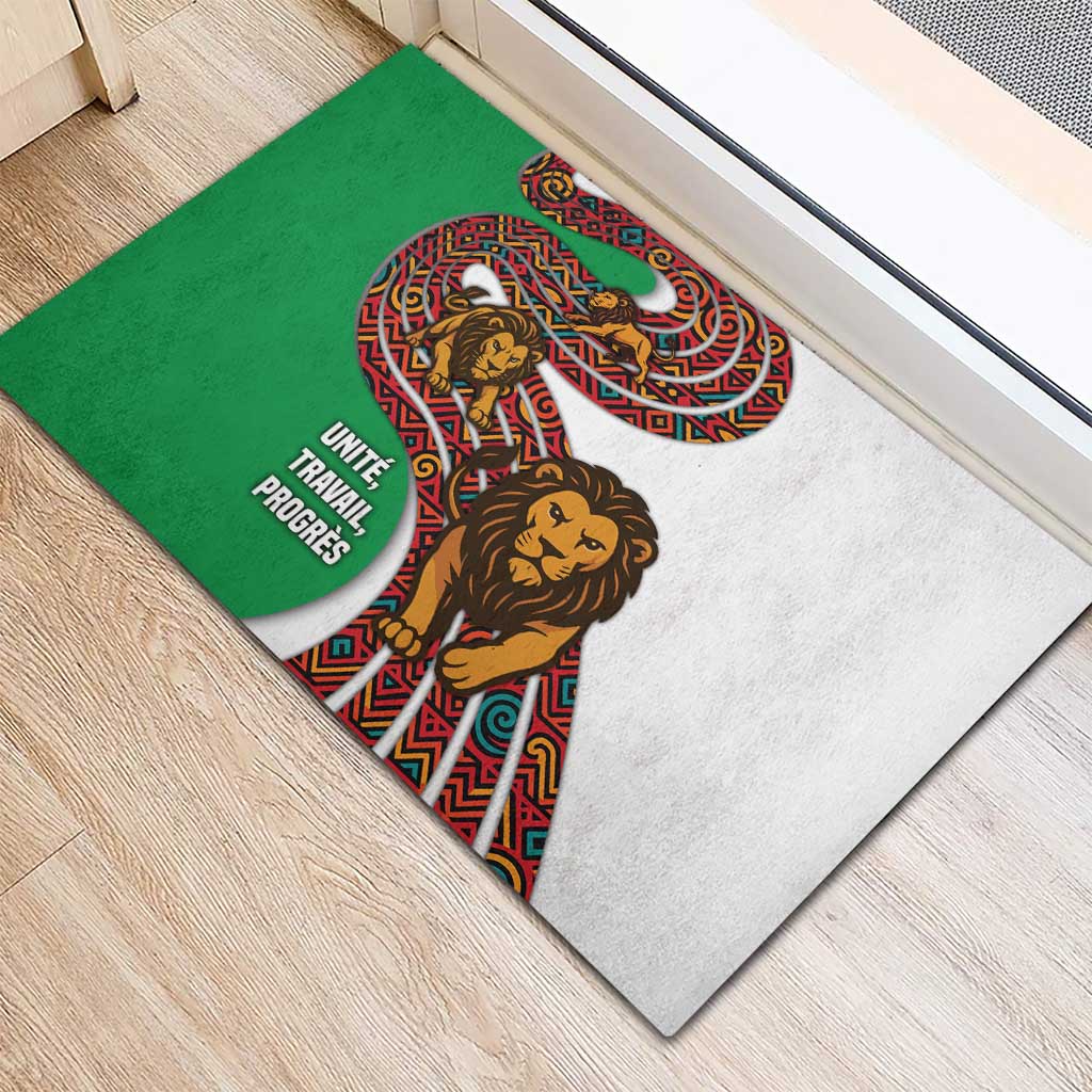 Burundi Lion Tribal Pattern Rubber Doormat - National Motto Unité Travail Progrès