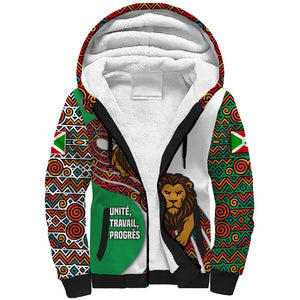 Burundi Lion Tribal Pattern Sherpa Hoodie - National Motto Unité Travail Progrès