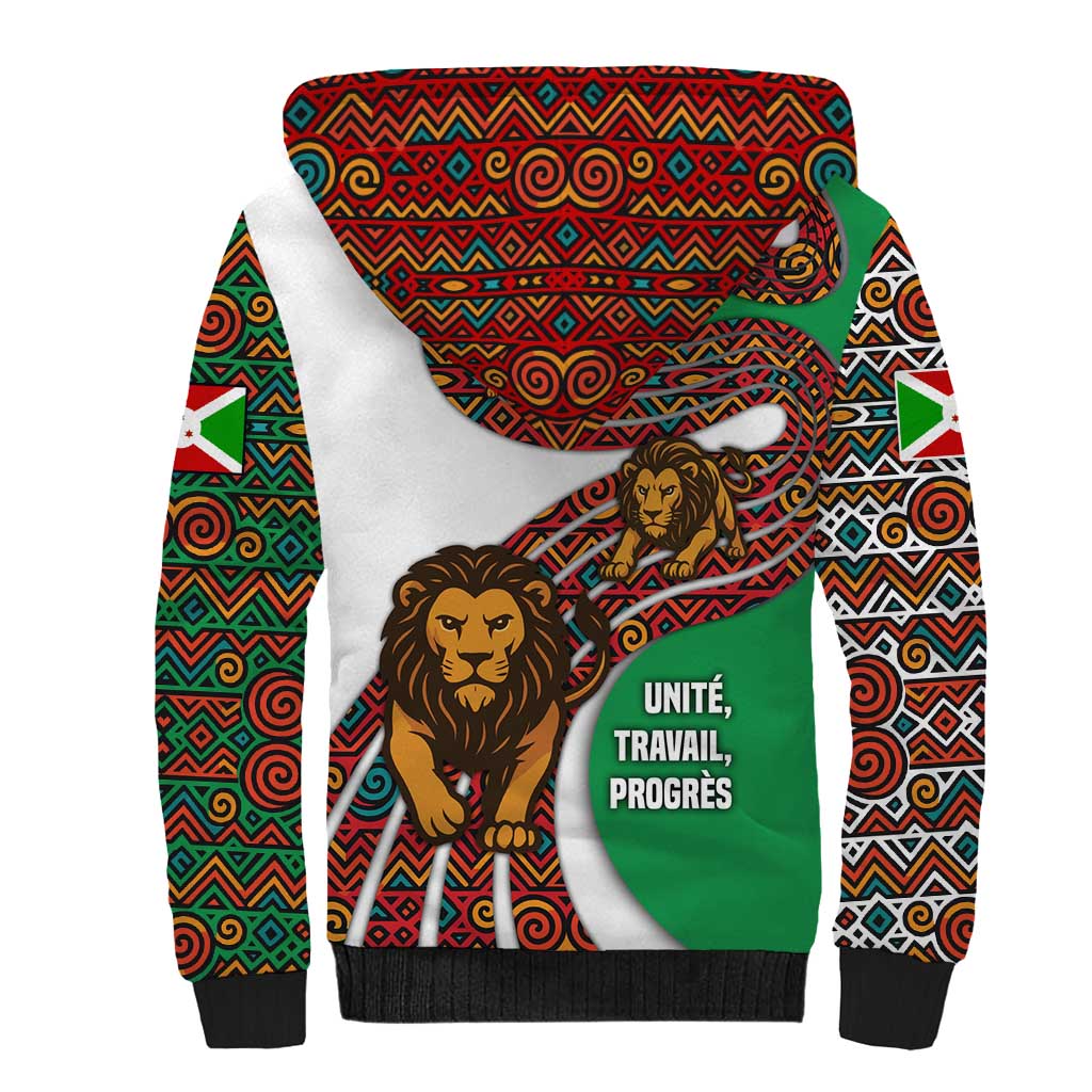 Burundi Lion Tribal Pattern Sherpa Hoodie - National Motto Unité Travail Progrès