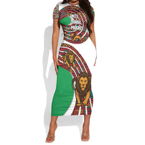 Burundi Lion Tribal Pattern Short Sleeve Bodycon Dress - National Motto Unité Travail Progrès