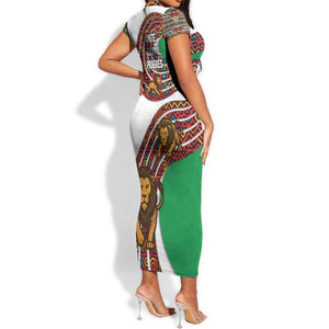 Burundi Lion Tribal Pattern Short Sleeve Bodycon Dress - National Motto Unité Travail Progrès