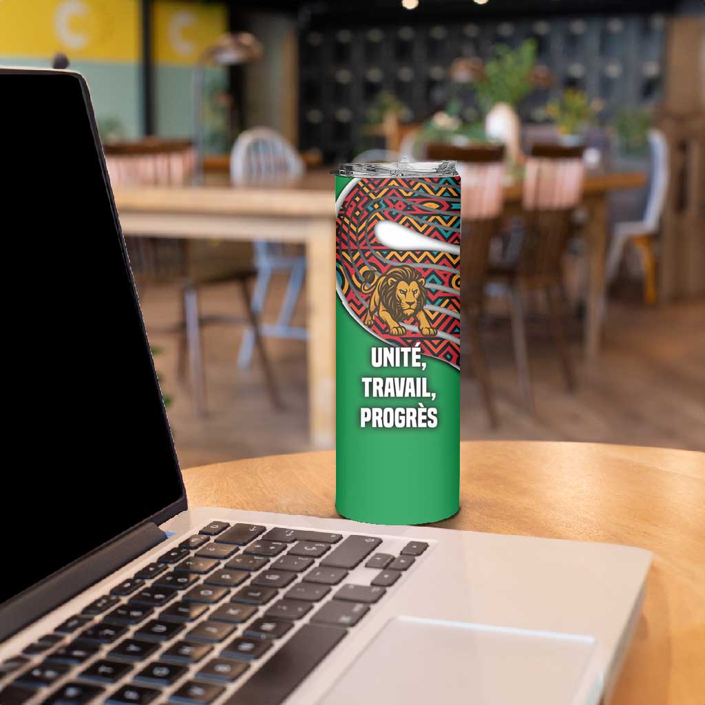 Burundi Lion Tribal Pattern Skinny Tumbler - National Motto Unité Travail Progrès