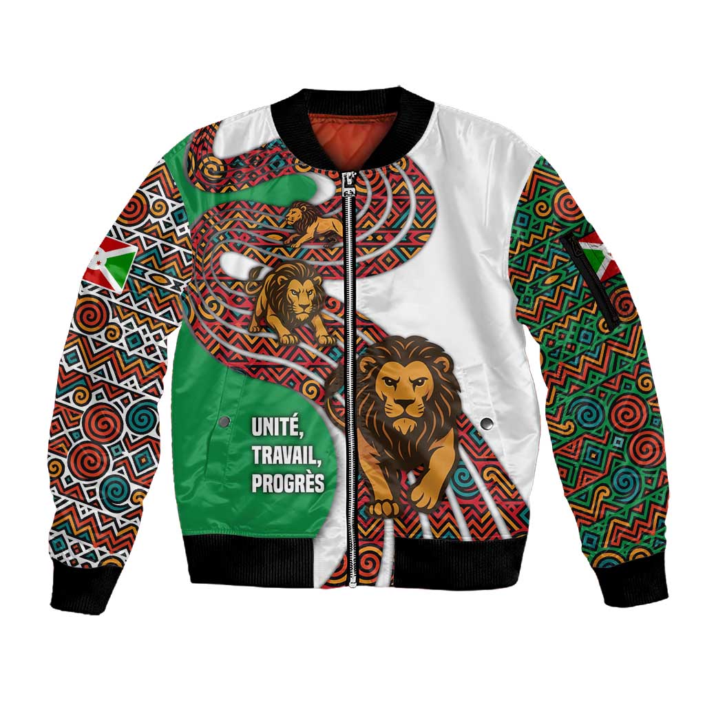 Burundi Lion Tribal Pattern Sleeve Zip Bomber Jacket - National Motto Unité Travail Progrès
