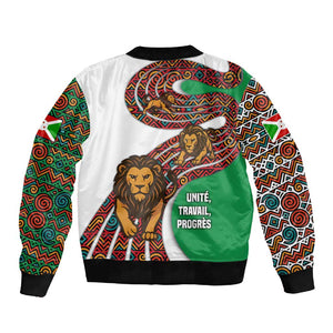 Burundi Lion Tribal Pattern Sleeve Zip Bomber Jacket - National Motto Unité Travail Progrès