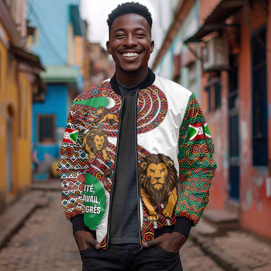 Burundi Lion Tribal Pattern Sleeve Zip Bomber Jacket - National Motto Unité Travail Progrès